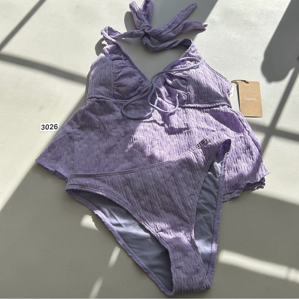 Samiol Medium Purple Ruched V-Neck Tankini Set